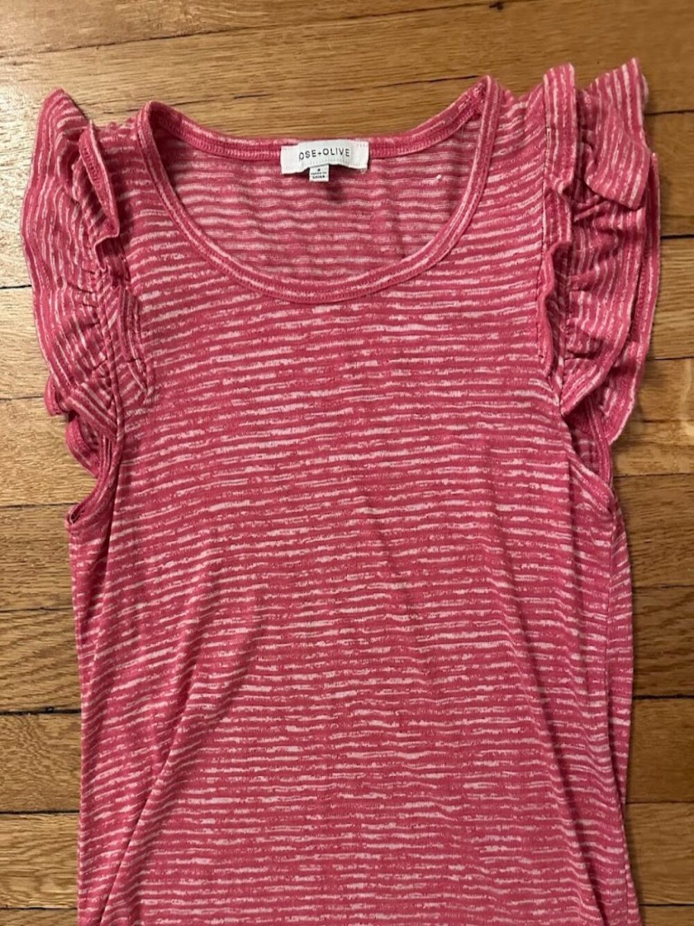 Rose + Olive Ruffle Sleeve Striped Pink Top, Small, NWOT